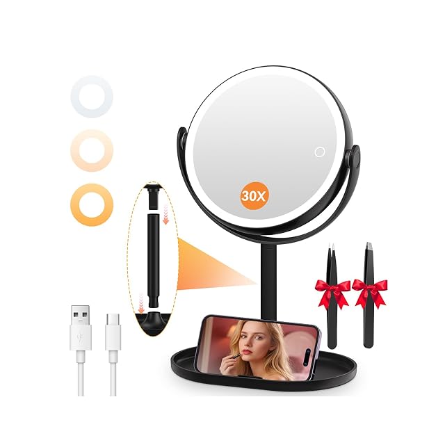 Miroir lumineux double face Auxmir avec anneau LED et support