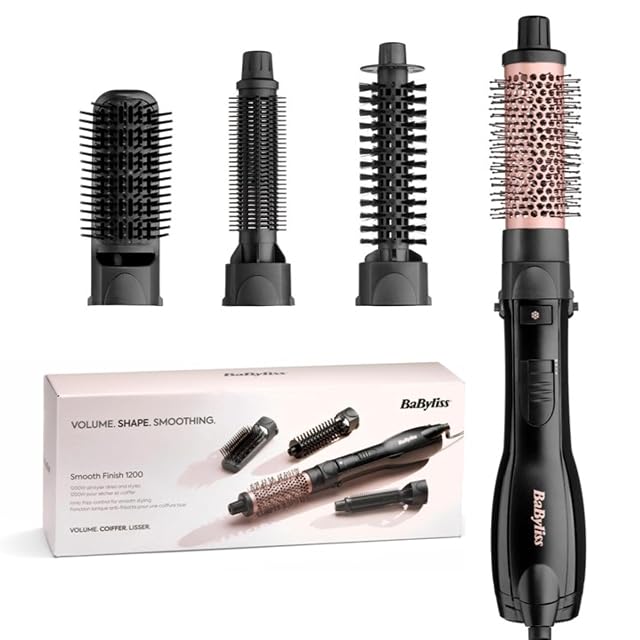 Brosse soufflante BaByliss Smooth Finish 1200 avec quatre accessoires de coiffage, noir et rose