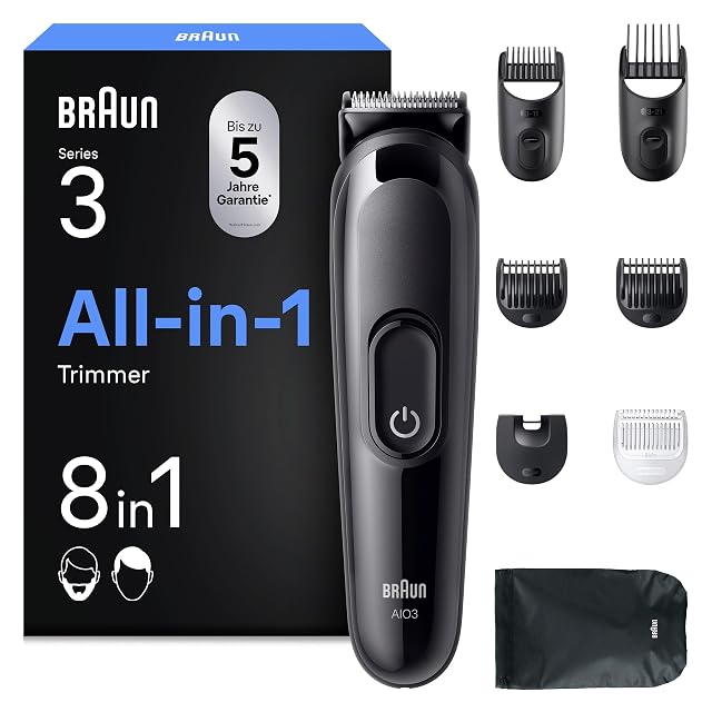Coffret de coiffure Braun Multigroom Series 3 AIO3545 en huit pièces avec sabots et pochette