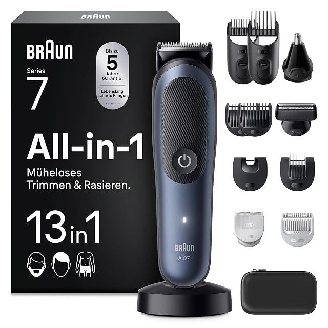 Coffret de coiffure Braun Multigroom Series 7 AIO7565 en treize pièces, bleu, avec tête de précision