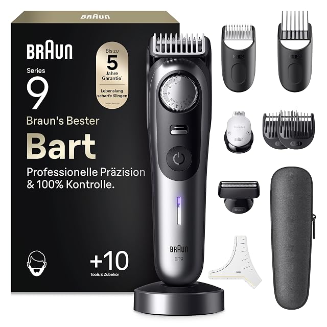 Tondeuse à barbe Braun Series 9 BT9545 chromée avec ProBlade et tête de rasage de précision