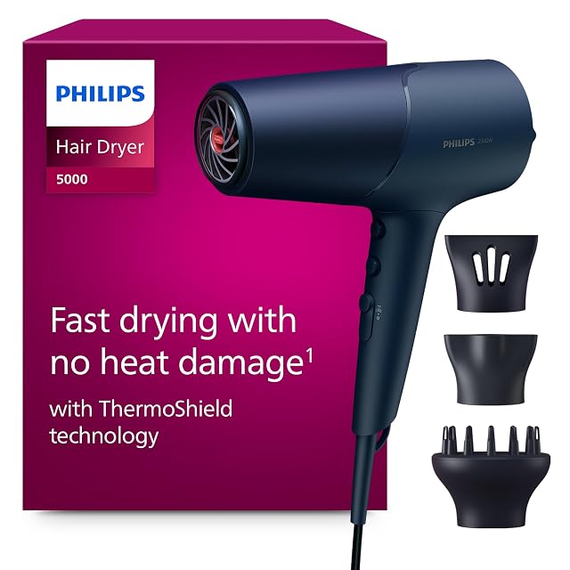 Sèche-cheveux Philips 5000 Series BHD510 bleu métallisé avec deux embouts et diffuseur
