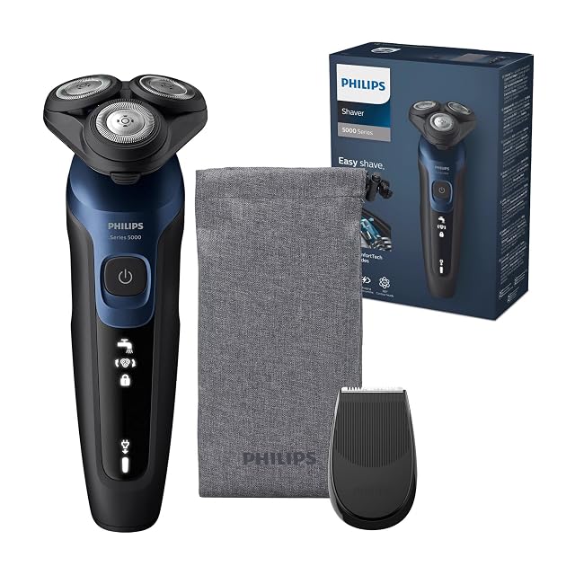 Rasoir rotatif Philips Shaver 5000 S5465 bleu métallisé avec tondeuse de précision et housse