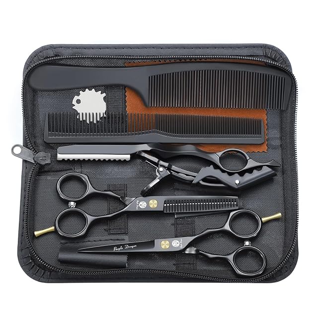 Coffret de ciseaux de coiffure et sculpteurs Purple Dragon avec étui en cuir